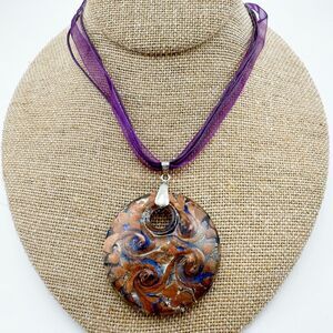 Vintage Murano Blue Glass Swirl Pendant 18K Gold Foil with 18 KGP Boho Retro